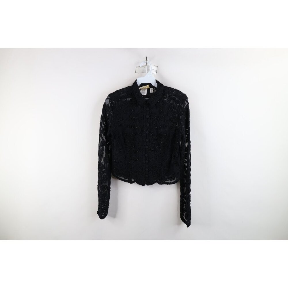 Vintage 90s Cache Womens Large Beaded Sheer Lace Button Cardigan Sweater Black